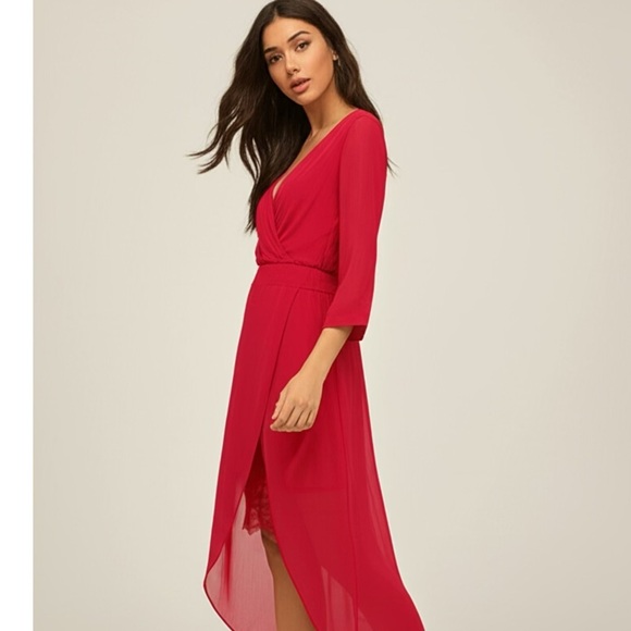 NWT Bebe Womens Raspberry Pink Chiffon Faux Wrap Midi Dress 3/4 Sleeve Size 4 - Picture 16 of 16
